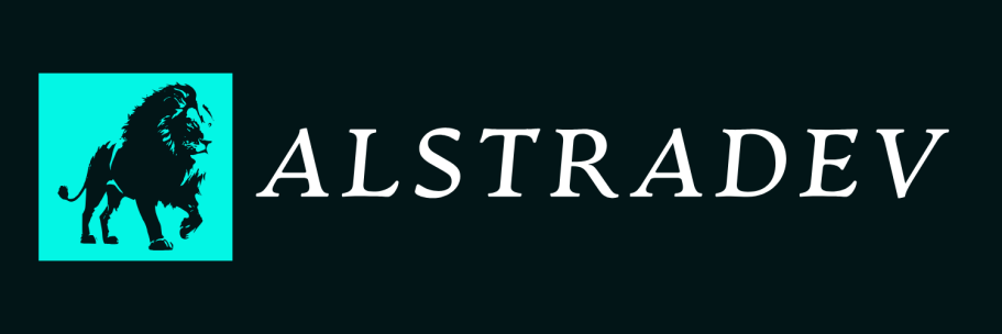 Alstradev logo featuring a teal lion icon and the word “Alstradev” in white abril libre font.